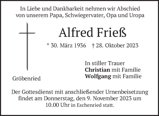 Traueranzeige von Alfred Frieß von merkurtz