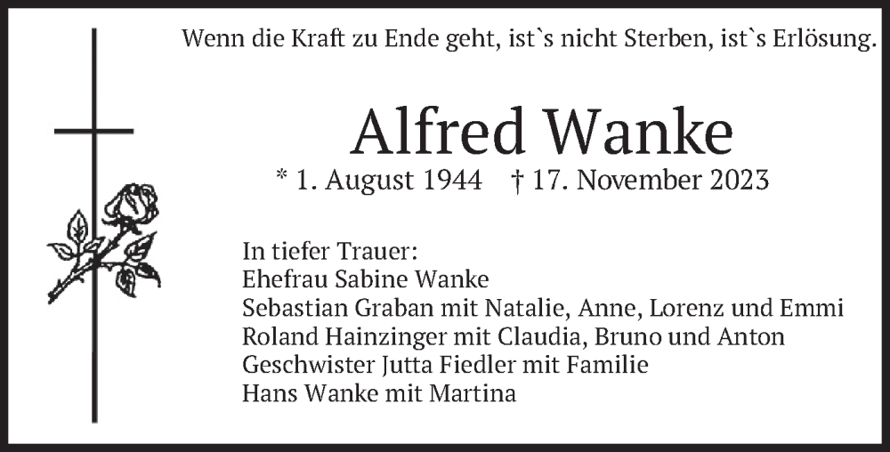  Traueranzeige für Alfred Wanke vom 18.11.2023 aus merkurtz