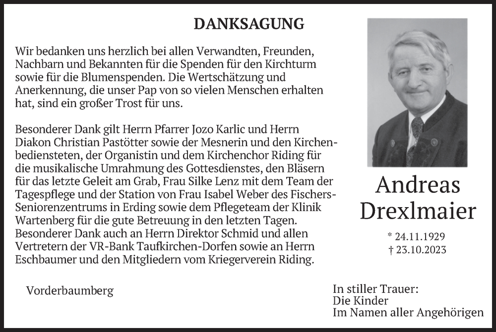  Traueranzeige für Andreas Drexlmaier vom 11.11.2023 aus merkurtz
