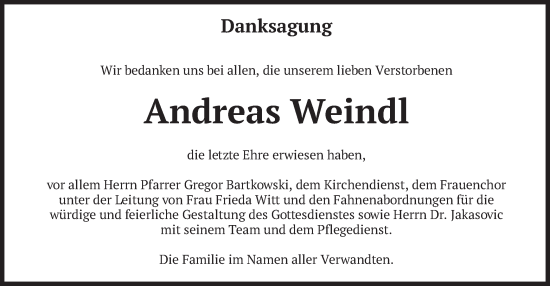 Traueranzeige von Andreas Weindl von merkurtz