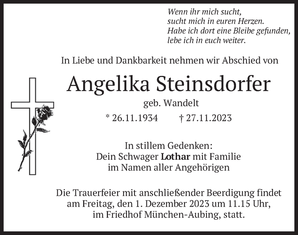  Traueranzeige für Angelika Steinsdorfer vom 29.11.2023 aus merkurtz