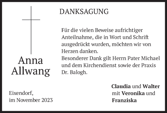 Traueranzeige von Anna Allwang von merkurtz