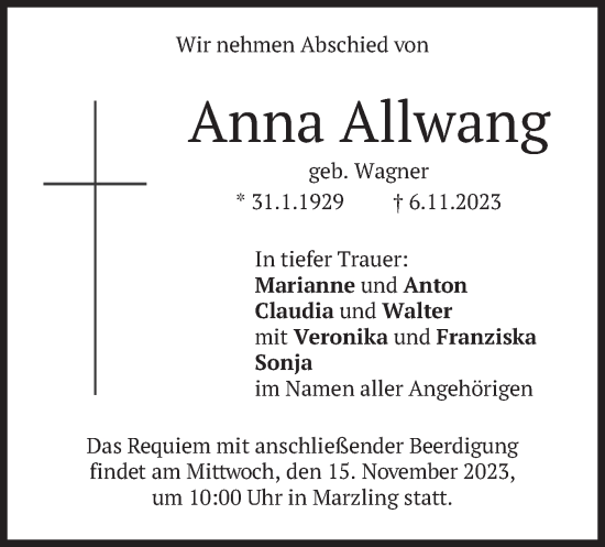Traueranzeige von Anna Allwang von merkurtz