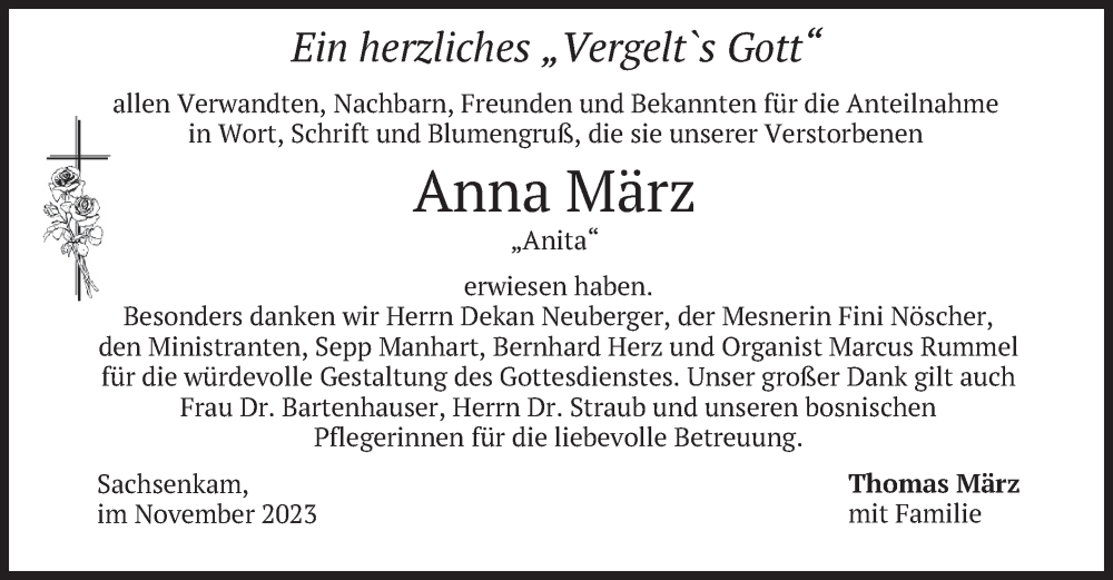 Traueranzeige für Anna März vom 04.11.2023 aus merkurtz