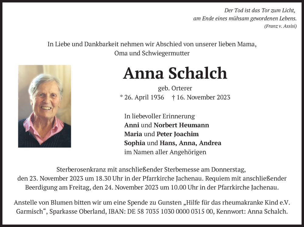  Traueranzeige für Anna Schalch vom 20.11.2023 aus merkurtz
