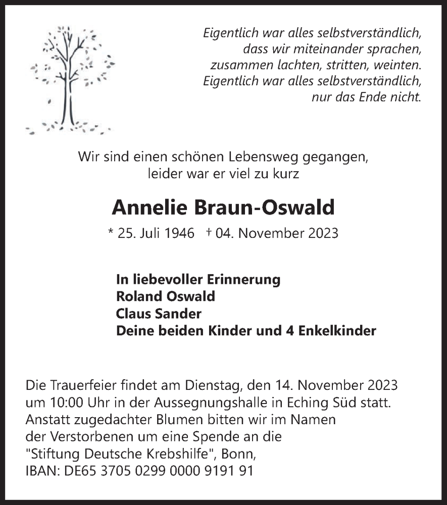  Traueranzeige für Annelie Braun-Oswald vom 11.11.2023 aus merkurtz