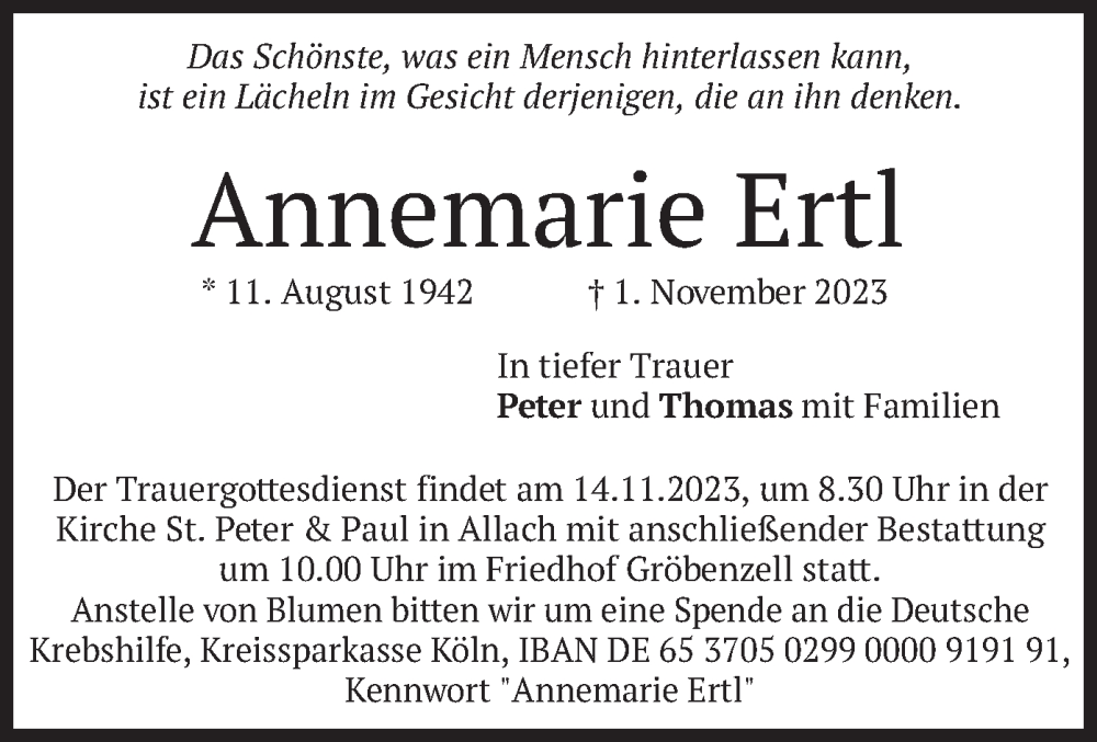  Traueranzeige für Annemarie Ertl vom 11.11.2023 aus merkurtz