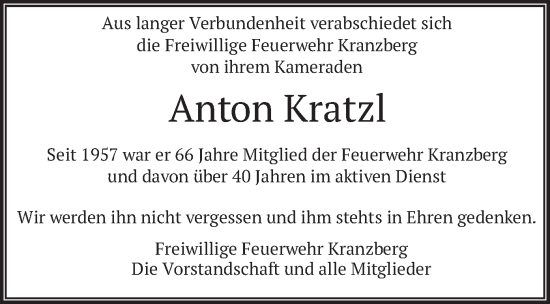 Traueranzeige von Anton Kratzl von merkurtz