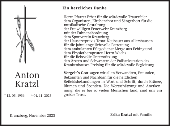 Traueranzeige von Anton Kratzl von merkurtz