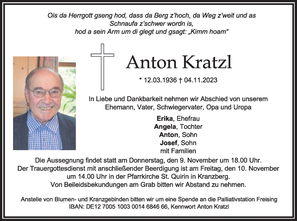  Traueranzeige für Anton Kratzl vom 08.11.2023 aus merkurtz