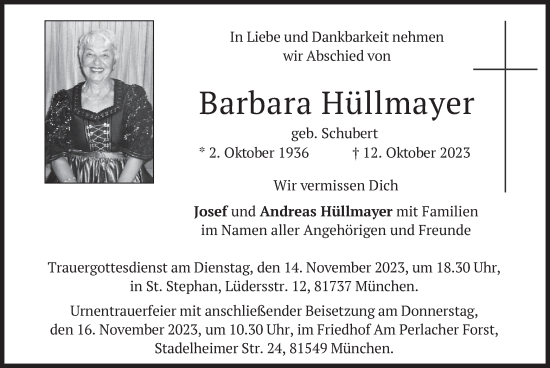Traueranzeige von Barbara Hüllmayer von merkurtz