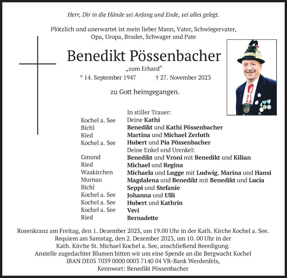  Traueranzeige für Benedikt Pössenbacher vom 30.11.2023 aus merkurtz