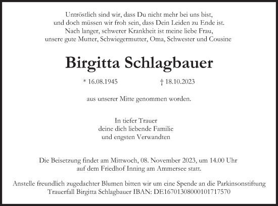 Traueranzeige von Birgitta Schlagbauer von merkurtz