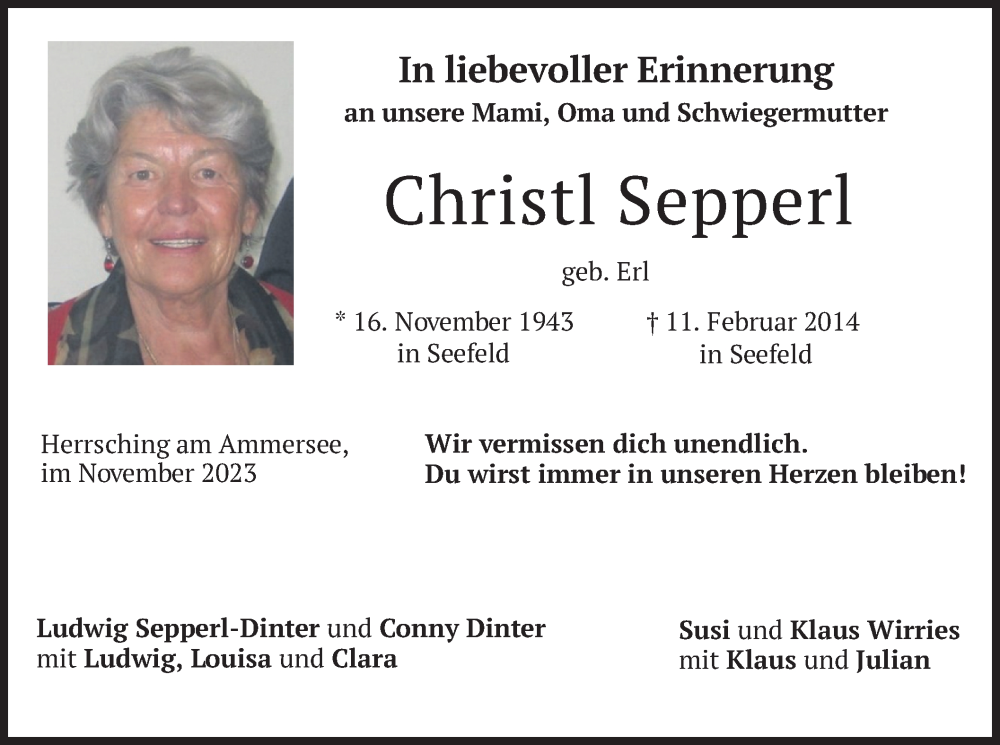 Traueranzeige für Christl Sepperl vom 16.11.2023 aus merkurtz