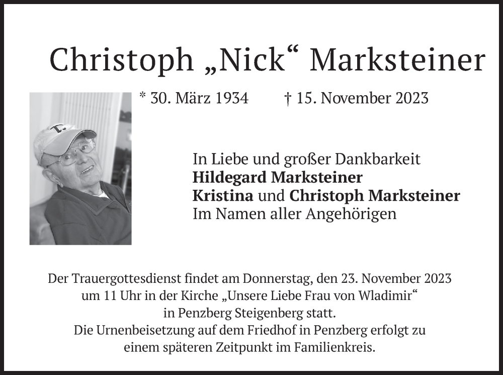  Traueranzeige für Christoph Marksteiner vom 18.11.2023 aus merkurtz