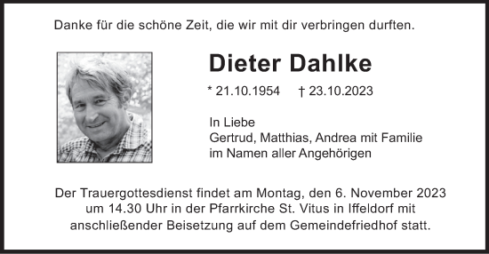 Traueranzeige von Dieter Dahlke von merkurtz