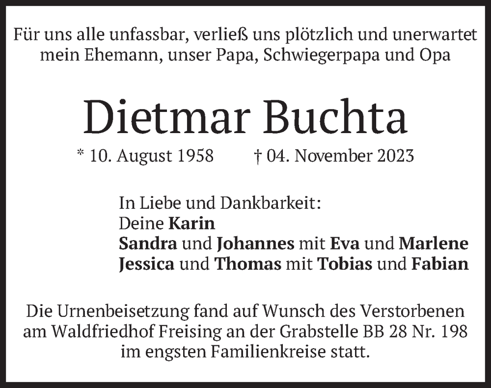  Traueranzeige für Dietmar Buchta vom 27.11.2023 aus merkurtz