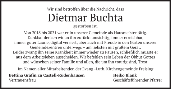 Traueranzeige von Dietmar Buchta von merkurtz