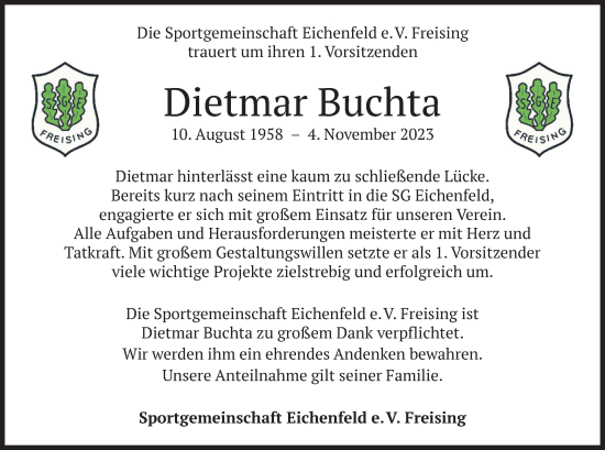 Traueranzeige von Dietmar Buchta von merkurtz
