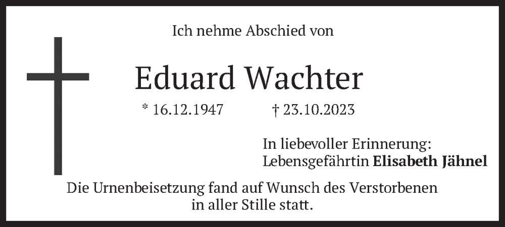  Traueranzeige für Eduard Wachter vom 21.11.2023 aus merkurtz