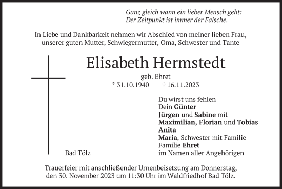 Traueranzeige von Elisabeth Hermstedt von merkurtz