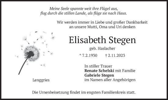 Traueranzeige von Elisabeth Stegen von merkurtz