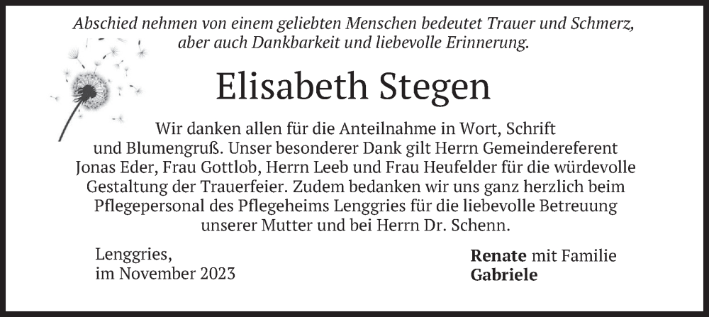  Traueranzeige für Elisabeth Stegen vom 18.11.2023 aus merkurtz