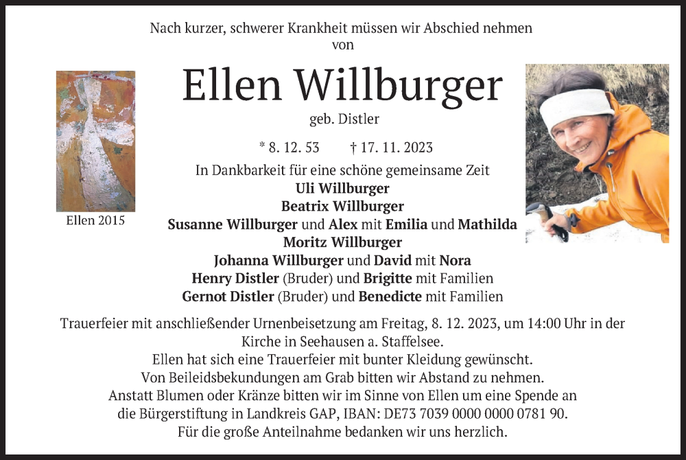  Traueranzeige für Ellen Willburger vom 25.11.2023 aus merkurtz