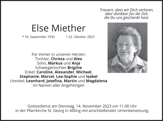 Traueranzeige von Else Miether von merkurtz