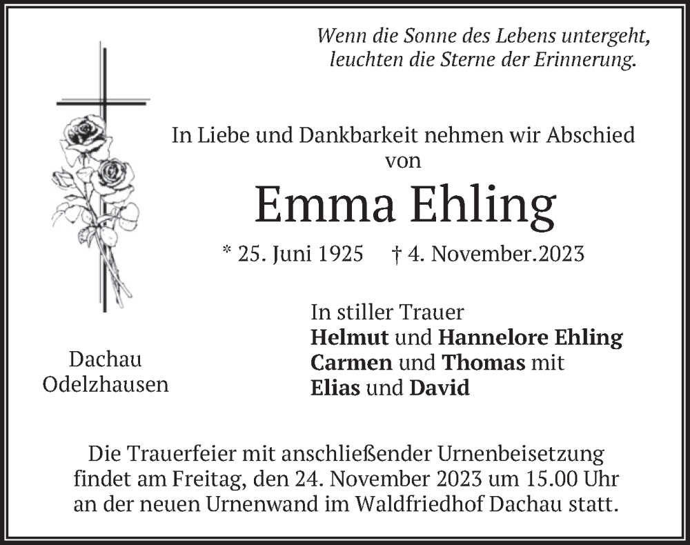  Traueranzeige für Emma Ehling vom 18.11.2023 aus merkurtz