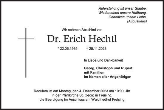 Traueranzeige von Erich Hechtl von merkurtz