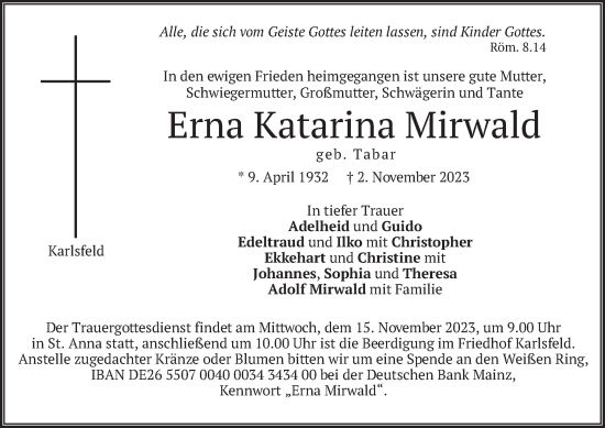 Traueranzeige von Erna Katarina Mirwald von merkurtz