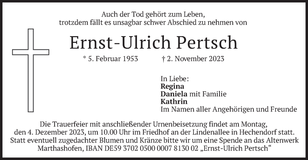  Traueranzeige für Ernst-Ulrich Pertsch vom 25.11.2023 aus merkurtz