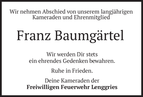 Traueranzeige von Franz Baumgärtel von merkurtz