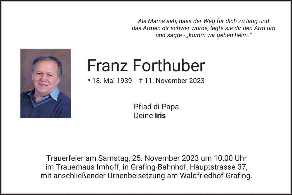  Traueranzeige für Franz Forthuber vom 18.11.2023 aus merkurtz