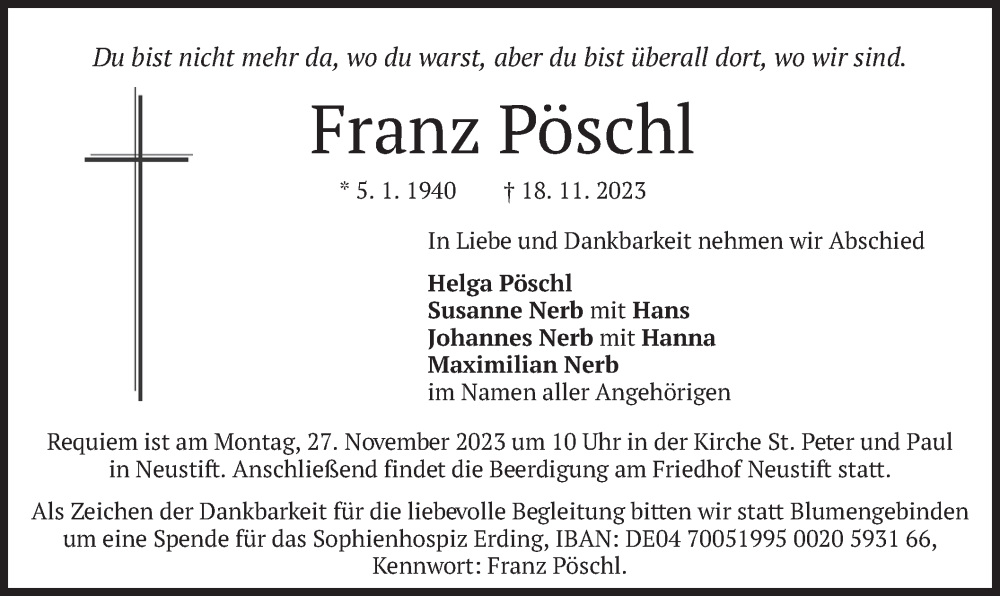  Traueranzeige für Franz Pöschl vom 24.11.2023 aus merkurtz