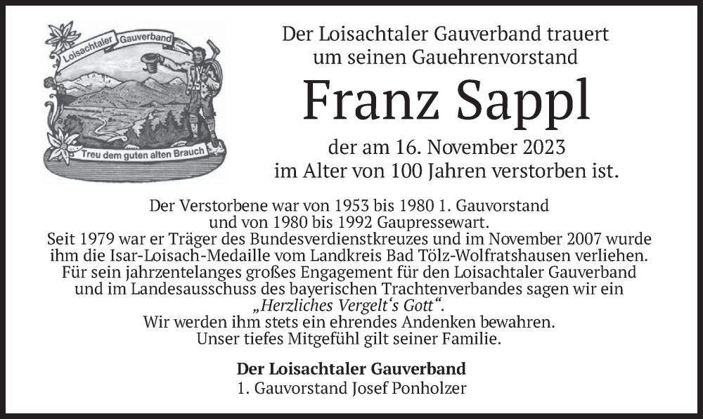  Traueranzeige für Franz Sappl vom 21.11.2023 aus merkurtz