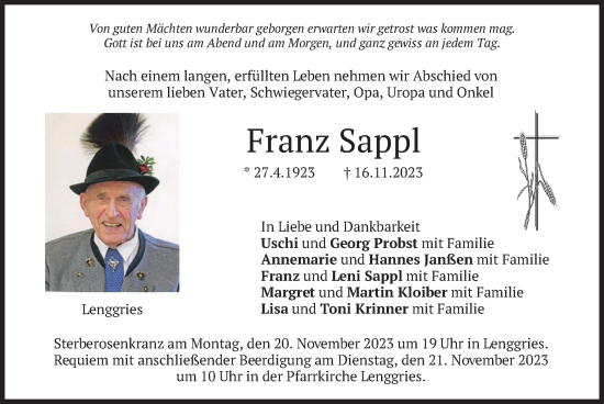 Traueranzeige von Franz Sappl von merkurtz