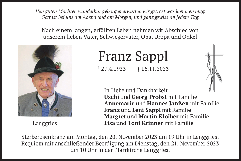  Traueranzeige für Franz Sappl vom 18.11.2023 aus merkurtz