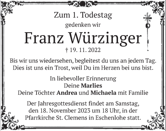 Traueranzeige von Franz Würzinger von merkurtz