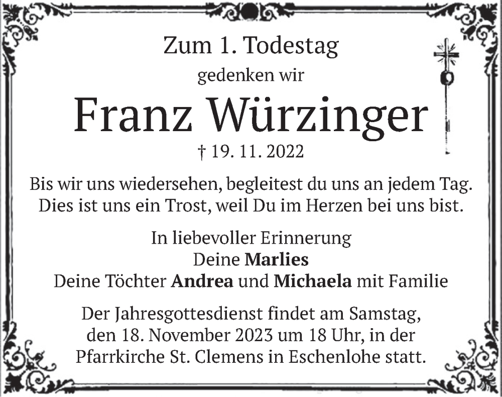  Traueranzeige für Franz Würzinger vom 18.11.2023 aus merkurtz