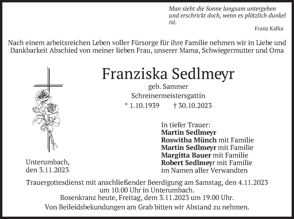  Traueranzeige für Franziska Sedlmeyr vom 03.11.2023 aus merkurtz