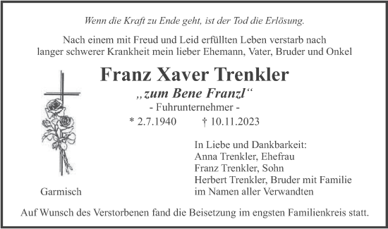 Traueranzeige von Franz Xaver Trenkler von merkurtz