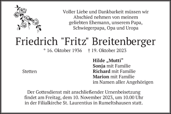 Traueranzeige von Friedrich Breitenberger von merkurtz