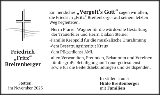 Traueranzeige von Friedrich Breitenberger von merkurtz