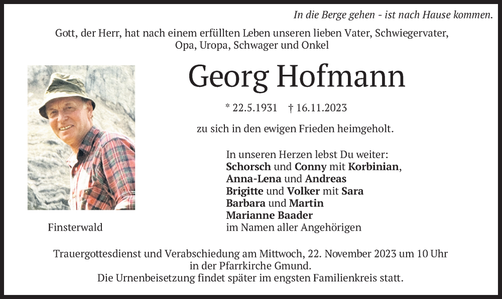  Traueranzeige für Georg Hofmann vom 18.11.2023 aus merkurtz