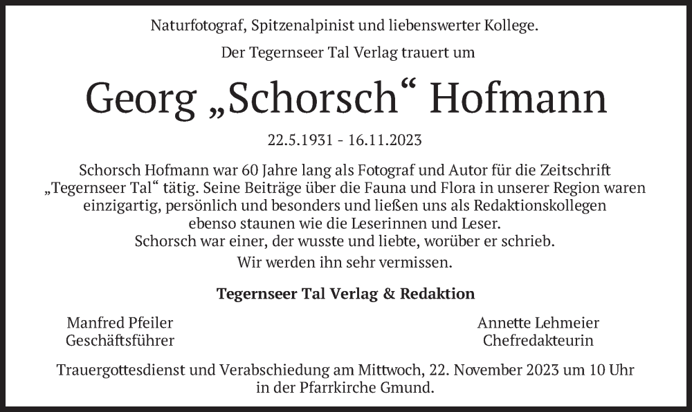  Traueranzeige für Georg Hofmann vom 21.11.2023 aus merkurtz