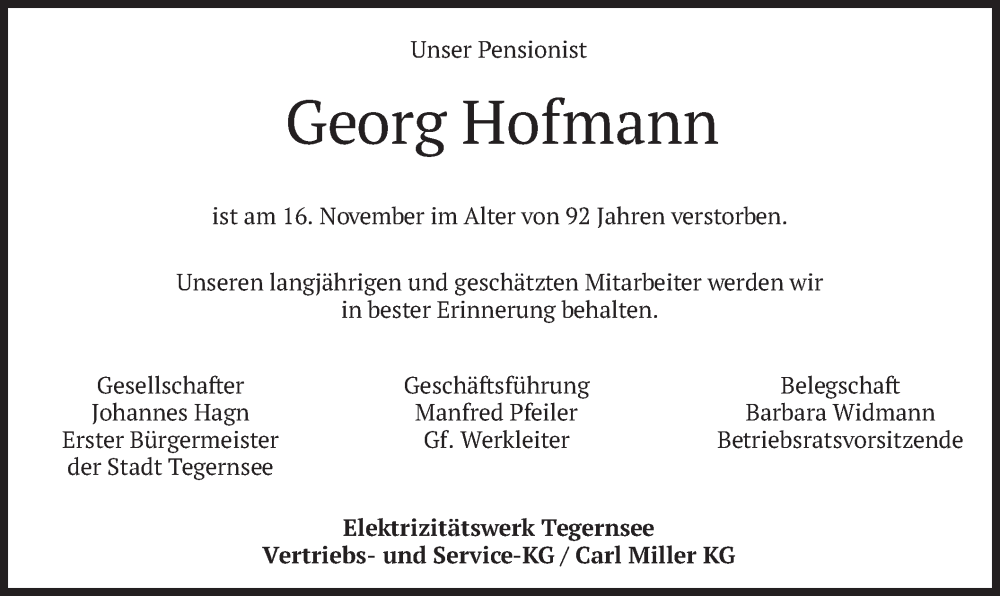  Traueranzeige für Georg Hofmann vom 21.11.2023 aus merkurtz