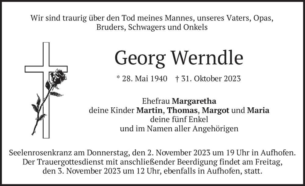  Traueranzeige für Georg Werndle vom 02.11.2023 aus merkurtz