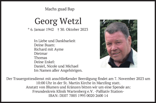 Traueranzeige von Georg Wetzl von merkurtz